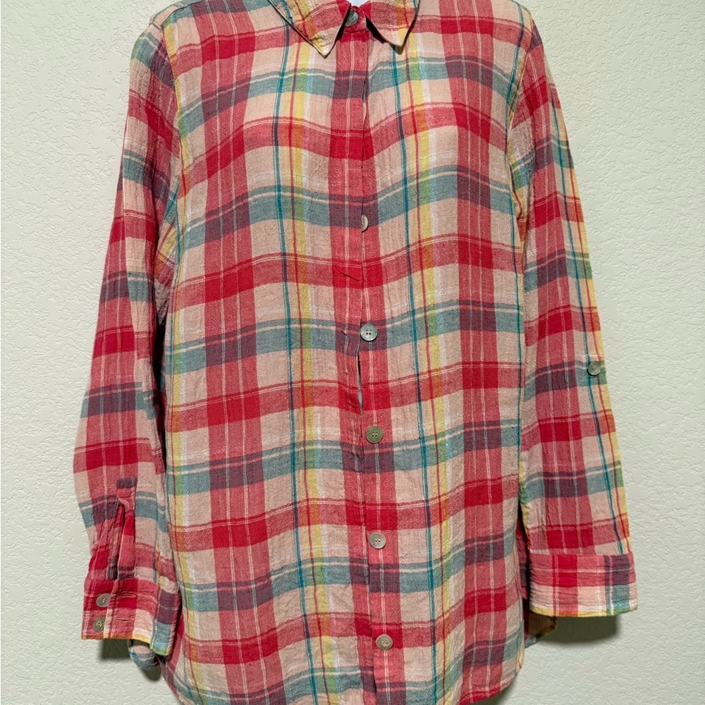 SOFT SURROUNDINGS Comfy Red and Green Button Down Shirt Womens Sz LARGE